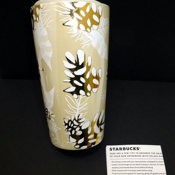 New Starbucks gold pinecone ceramic tumbler travel cup holiday Christmas 2020 - Picture 2 of 4